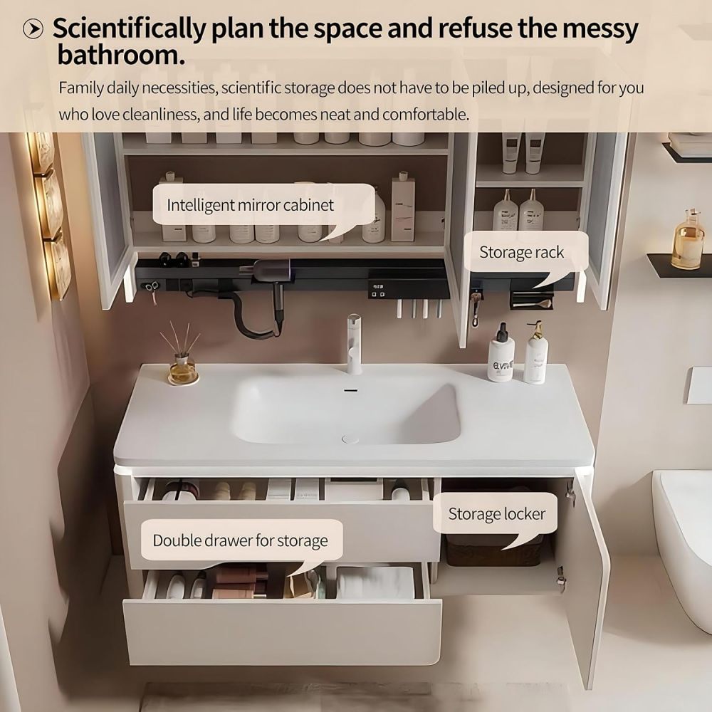 Bathroom Vanity with Sink Set - Includes LED Smart Defogging Mirror Cabinet, Stylish Floating Vanity - Bathroom Sink Cabinet with Drawers & Multifunctional Shelves (32")