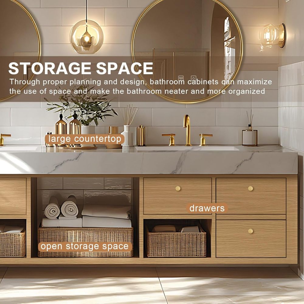 Bathroom Vanity - Floating Bathroom Vanity with Double Sinks Includes American Country Style & Round Mirror|Open Storage Rack,Exquisite Handle,LED Smart Mirror(88IN)