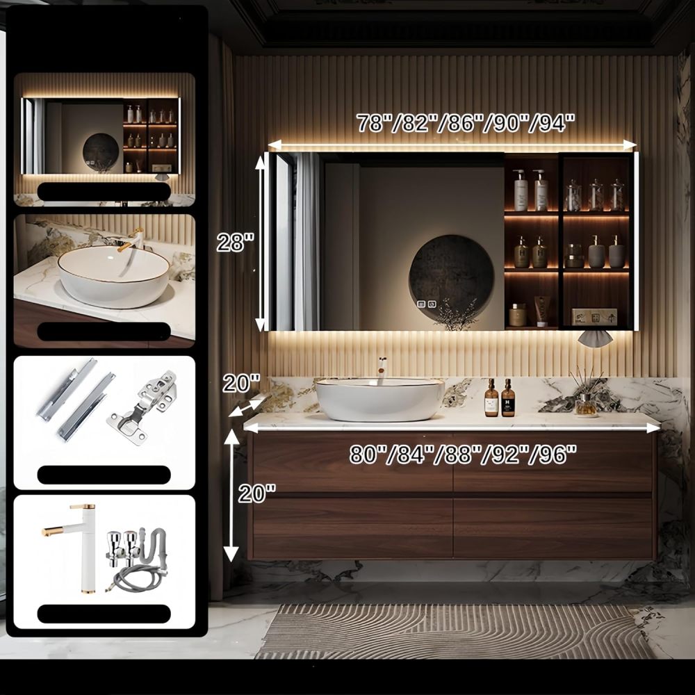 80 in Modern Bathroom Vanity with Sink - Floating Solid Wood Vanity Cabinet with LED Mirror or Cabinet, Stylish Design with Ceramic Vessel Sink & Storage Drawers