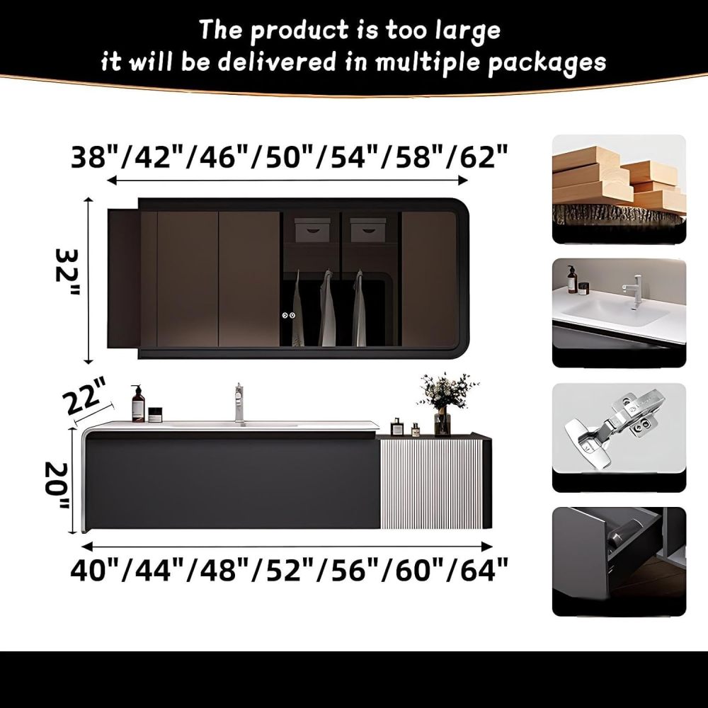 Modern Bathroom Vanity - with Sink and Anti-Fog Mirror | Light Gray Cabinet | Solid Wood Bathroom Vanity Cabinet | White Corian Integrated Basin | Large Storage | Soft Close Drawer(Gray,52 in)
