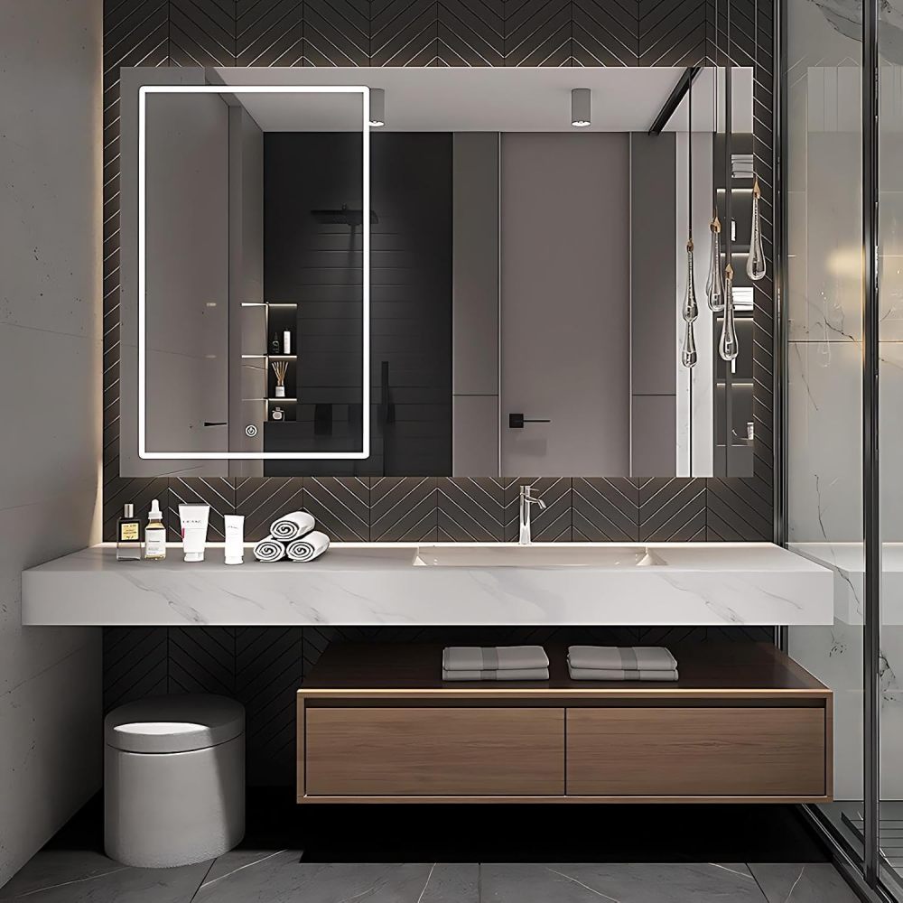 Modern Bathroom Vanity - with Sink and Anti-Fog Mirror | Solid Wood Bathroom Vanity Cabinet | with Ceramic Vessel Sink or Seamless Stone Basin | Separate Makeup Area(Brown-B,92 in)