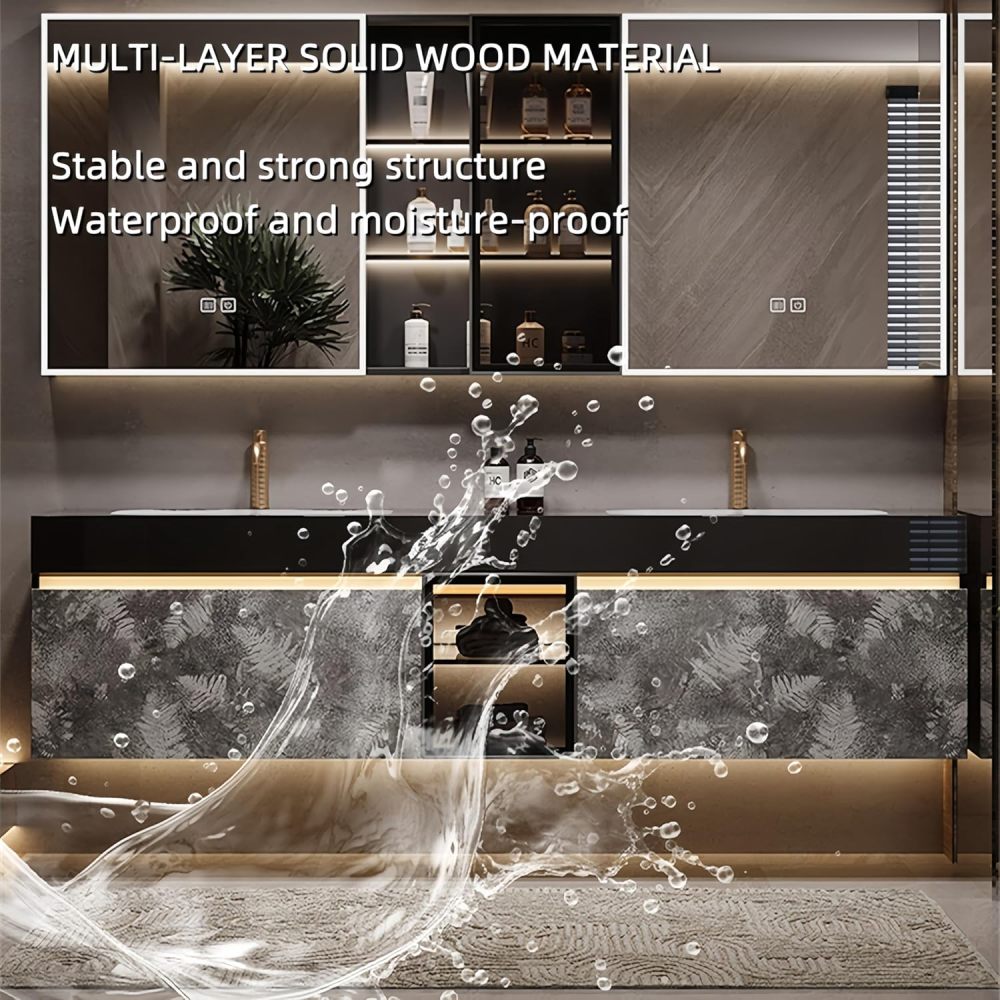 60 in Double Bathroom Vanity with Sinks - Floating Bathroom Vanity Set | Includes LED Smart Defogging Mirror Cabinet & Faucet | Multi-Layer Solid Wood Material | Smart Sensor Light | Brown