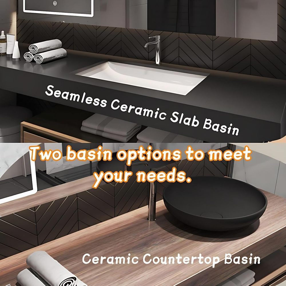 Modern Bathroom Vanity - with Sink and Anti-Fog Mirror | Solid Wood Bathroom Vanity Cabinet | with Ceramic Vessel Sink or Seamless Stone Basin | Separate Makeup Area(Brown-B,92 in)