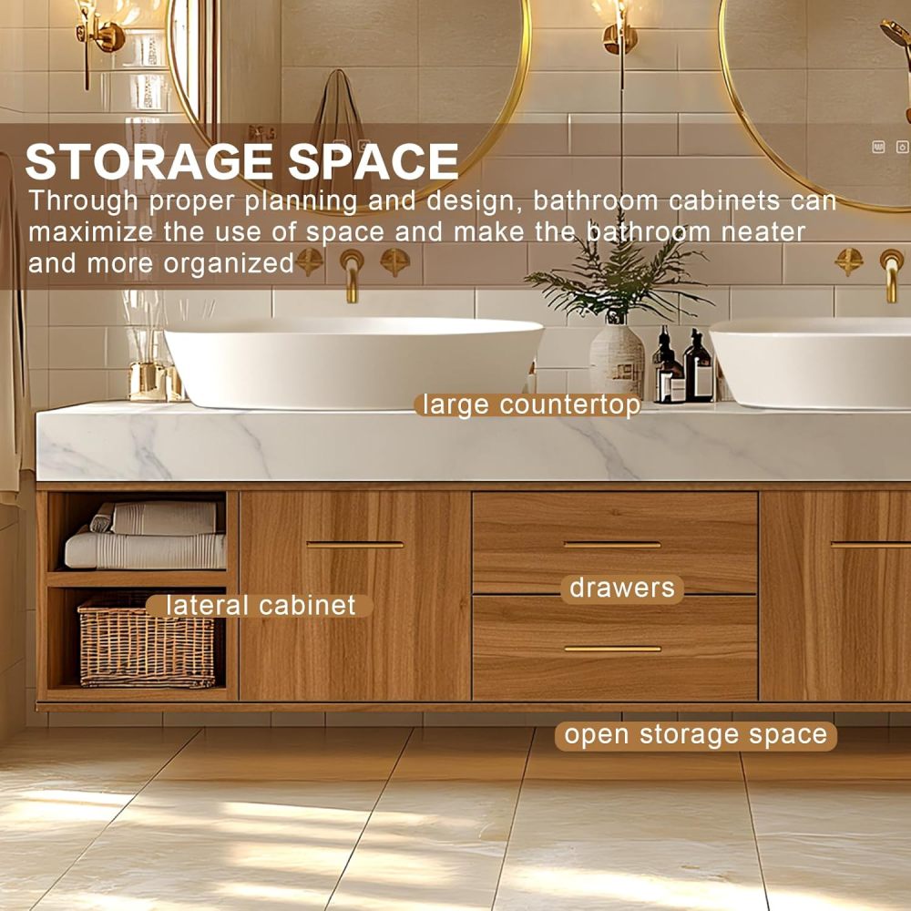 Bathroom Vanity - Floating Bathroom Vanity with Double Sinks Includes Above Counter Sink & Round Mirror|Retro Log Style,Exquisite Handle,Open Storage Cabinet(68IN)