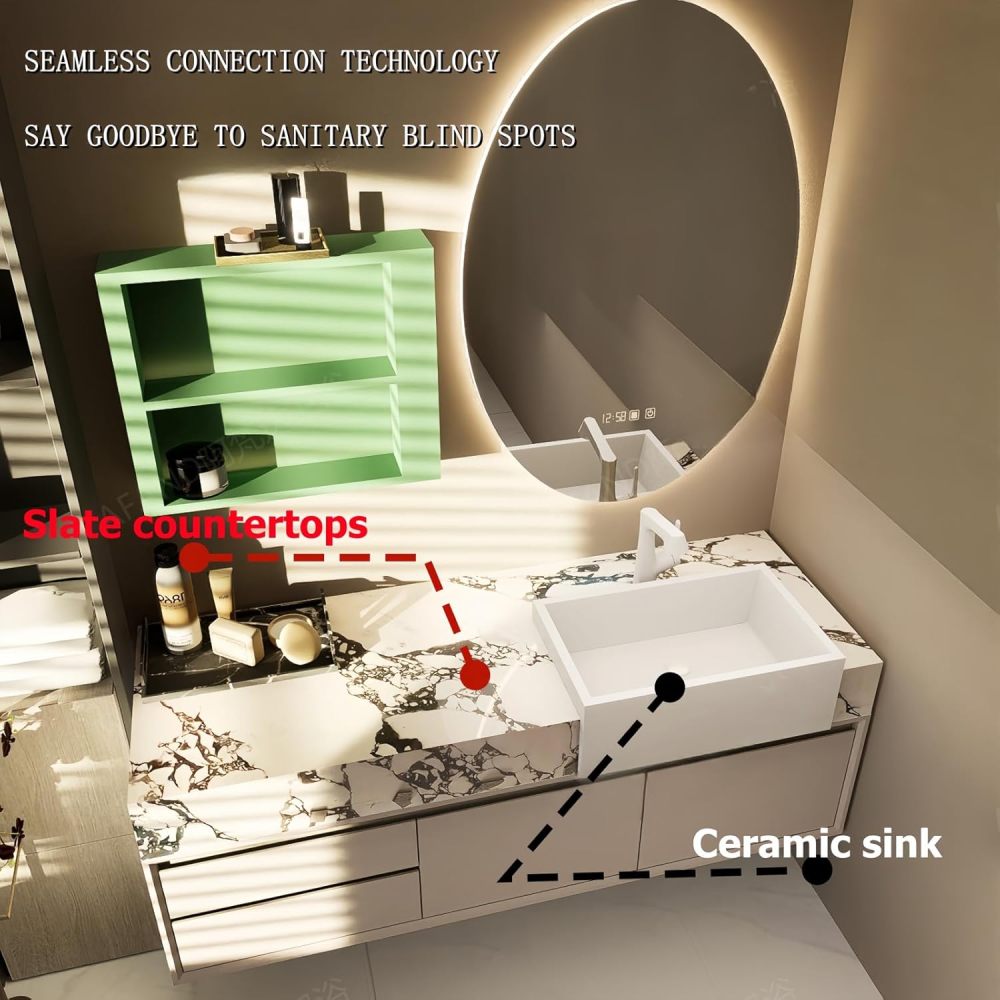 72 in Modern Bathroom Vanity with Sink - Floating Wall-Mounted Solid Wood Vanity Cabinet with Smart Mirror | Raised Ceramic Basin | Anti-Fog LED Mirror | Mirror Cabinet