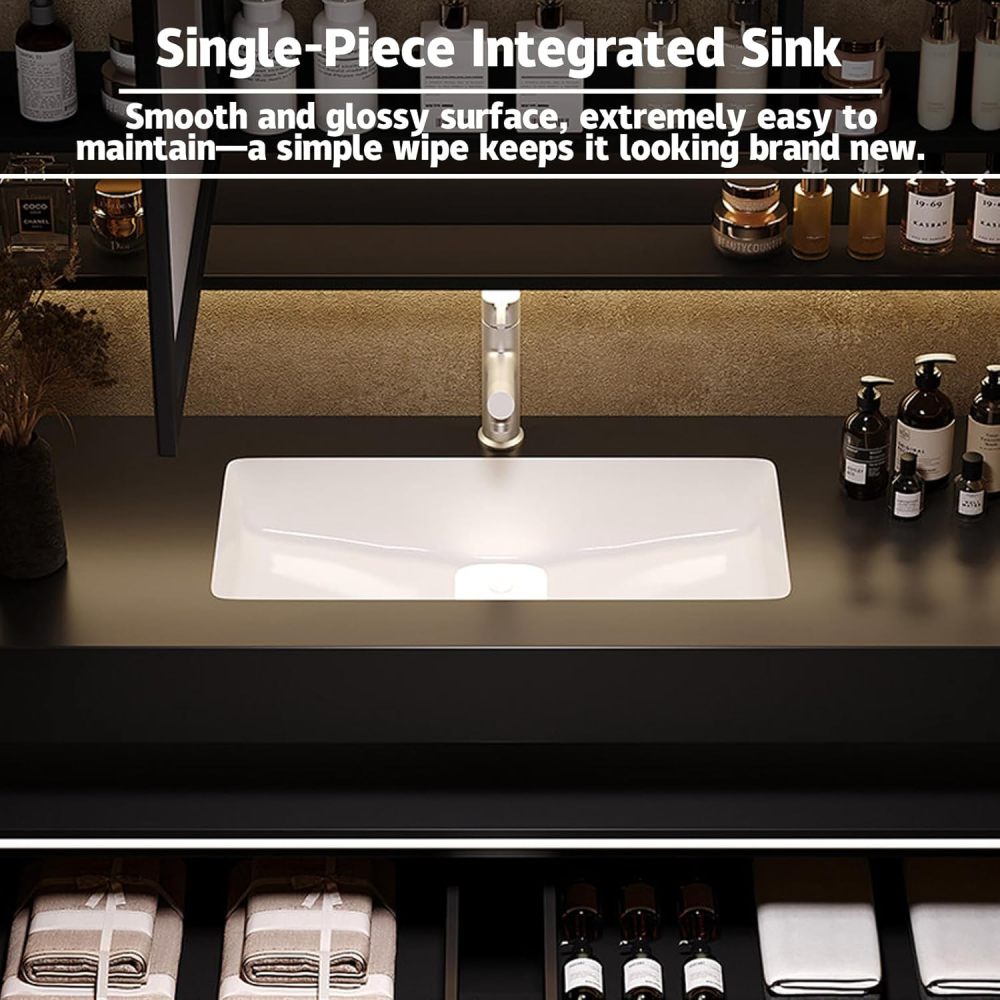 Brown 64IN Floating Bathroom Vanity with Sink - Bathroom Vanity Set | Luxurious and Stylish Design | Equipped with LED Smart Defogging Mirror Cabinet | Marble Slab Countertop | Oak Carving