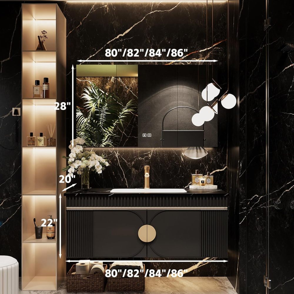 86IN Black Single Sink Bathroom Vanity - Floating Bathroom Vanity Set | Stylish Luxury Design | Featuring LED Smart Defogging Mirror Cabinet & Marble Countertop | Oak Material
