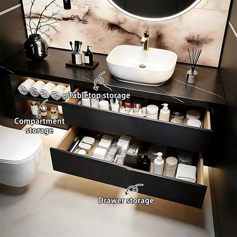 48IN Bathroom Vanity with Sink - Floating Bathroom Vanity with Smart Defog Mirror, One-Touch Defog, Modern Sink Cabinet with Multiple Storage Areas, No Assembly Required, Black Mirror