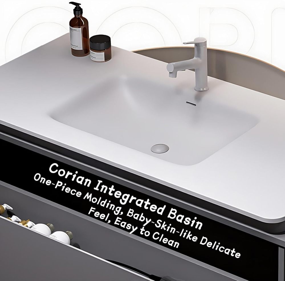 Modern Bathroom Vanity - with Sink and Anti-Fog Mirror | Light Gray Cabinet | Solid Wood Bathroom Vanity Cabinet | White Corian Integrated Basin | Large Storage | Soft Close Drawer(Gray,52 in)