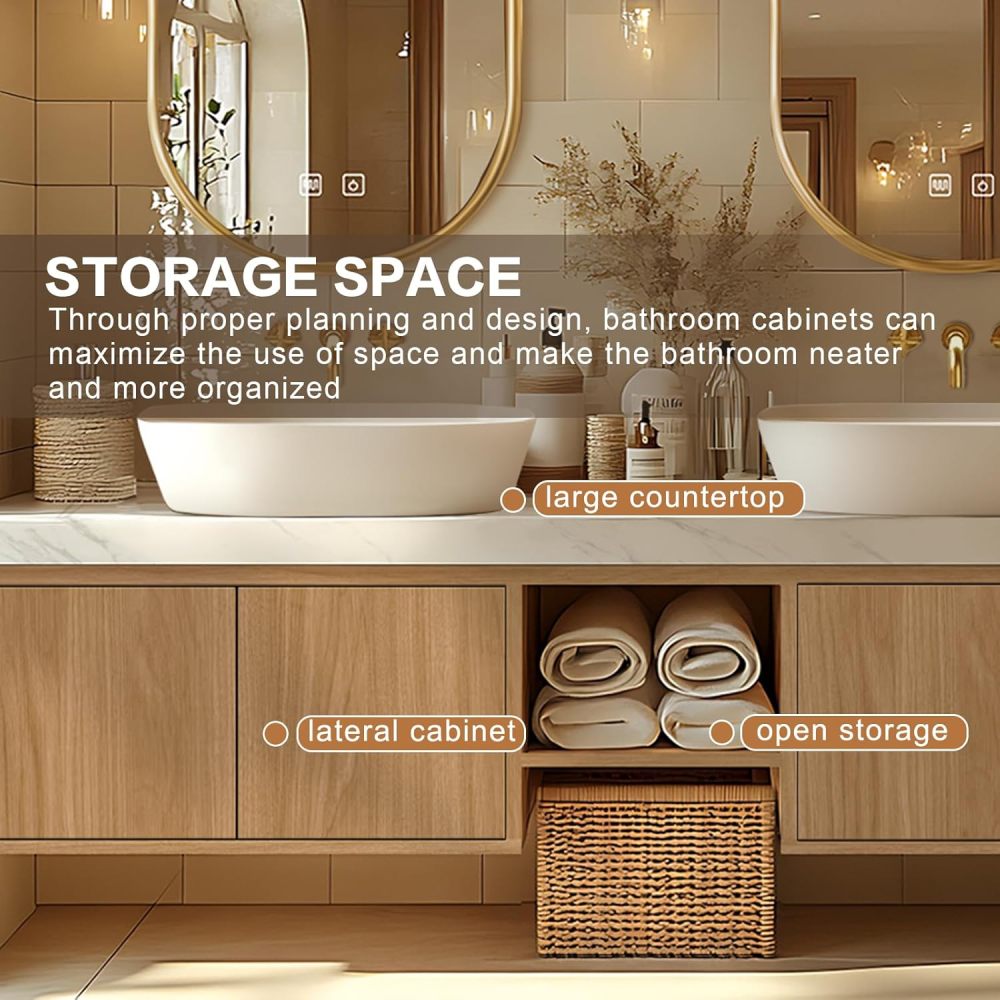 Bathroom Vanity - Floating Bathroom Vanity with Double Sinks Includes Above Counter Sink & Irregular Mirror|Modern Log Style,Exquisite Handle,Open Storage Rack(84IN)