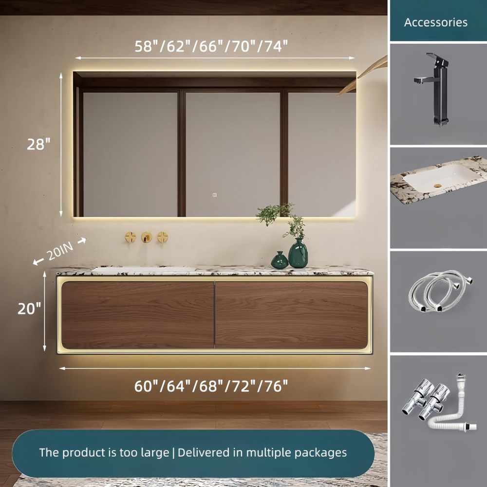 76 in Modern Bathroom Vanity with Sink - Floating Bathroom Vanity Set | Includes LED Smart Defogging Mirror Cabinet & Faucet | Multi-Layer Solid Wood Stylish Design | Smart Sensor Light