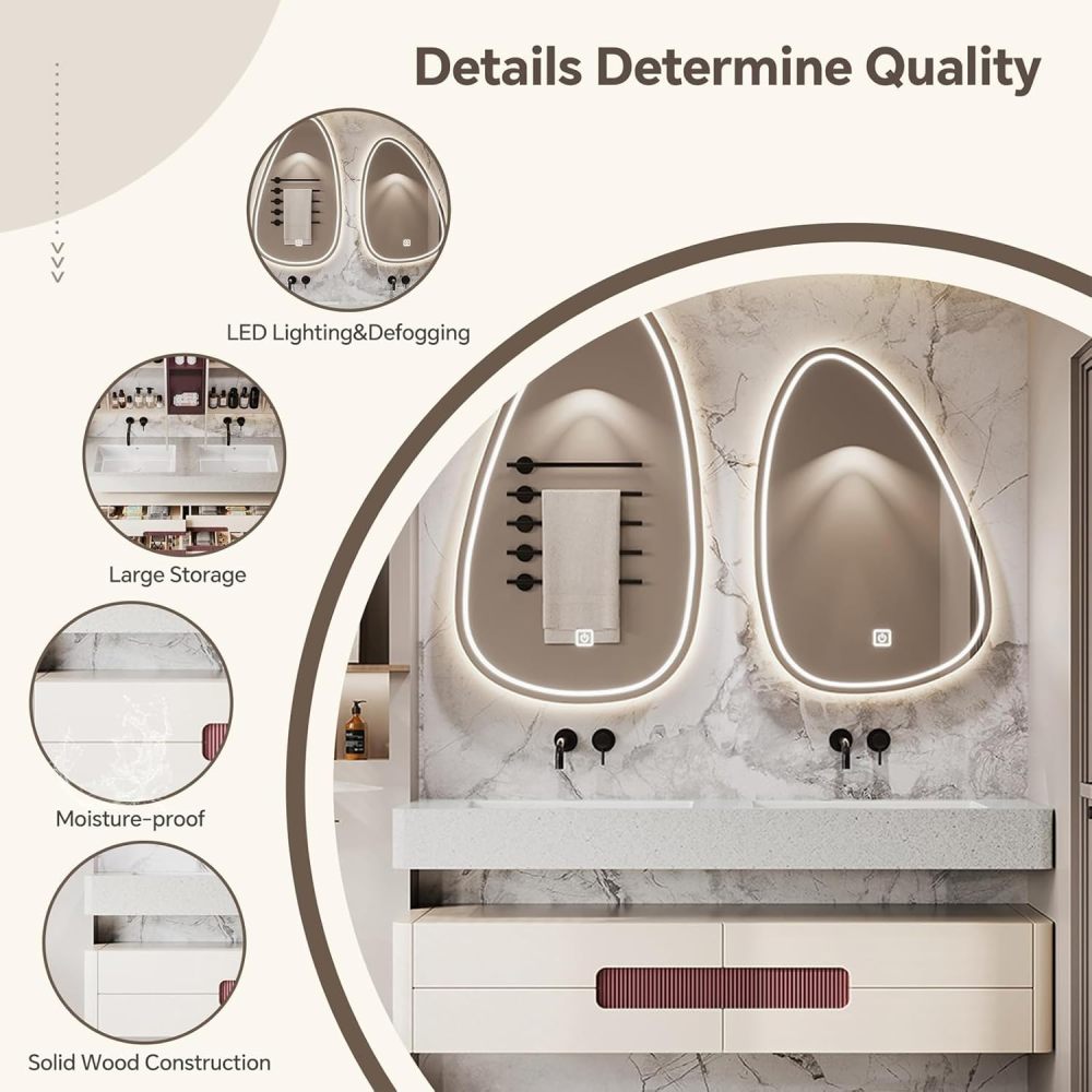 54IN Double Bathroom Vanity with Sink - Luxury Bathroom Vanity Set | Wall-Mounted | Equipped with LED Smart Defogging Mirror | Marble Countertop | Oak