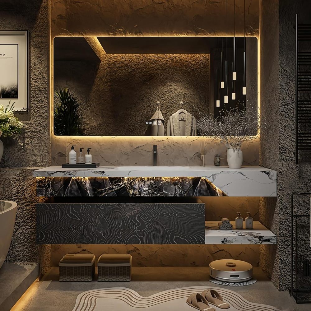 92" Bathroom Vanity with Sink - Modern Floating Bathroom Sink Cabinet with Anti-Fog Mirror, Motion Sensor Lights, Waterproof Storage, and Complete Combo Set,Black