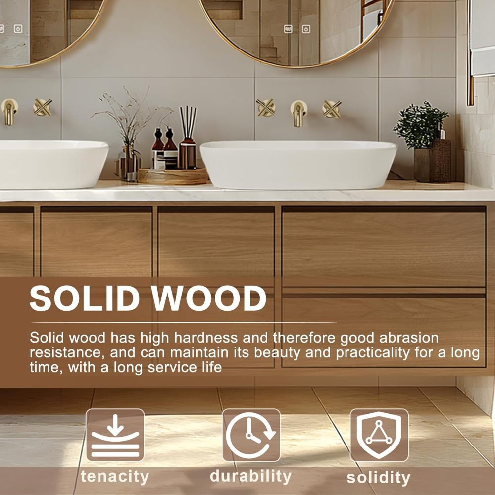 Bathroom Vanity - Floating Bathroom Vanity with Double Sinks Includes Round Mirror & Solid Wood Cabinet|American Country Style,LED Smart Defog Mirror(72IN)