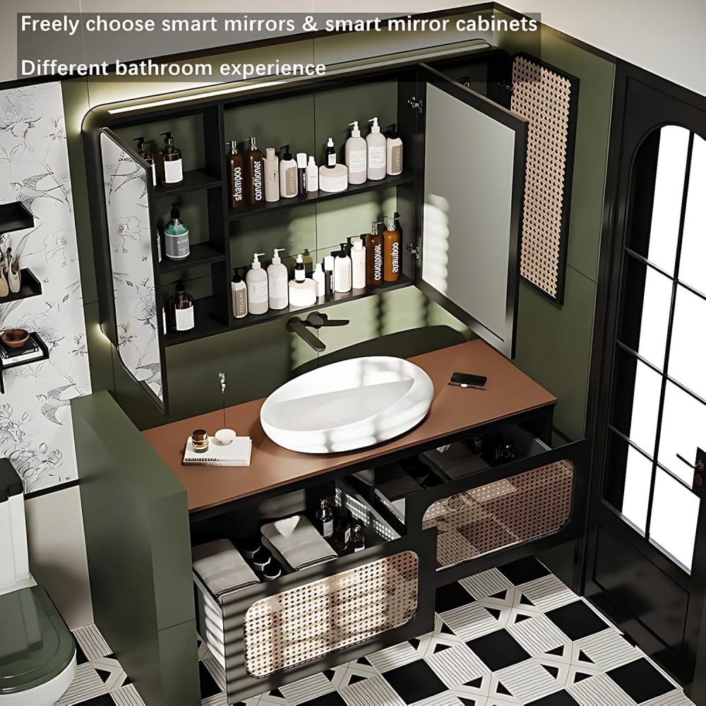 50IN Bathroom Vanity - Modern Bathroom Vanity with Anti-Fog Mirror Cabinet, One-Touch Defog & Lighting, Solid Wood Sink Cabinet with 2 Drawers, No Assembly Required, Black