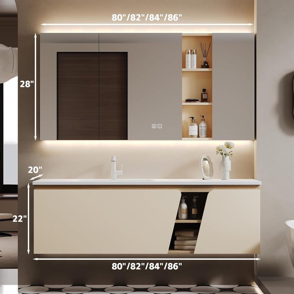 82IN Single Sink Bathroom Vanity - Wall-Mounted Bathroom Vanity Set | Stylish & Technological Design | LED Smart Defogging Mirror Cabinet | Integrated Stone Countertop | Multi-Layer Solid Wood