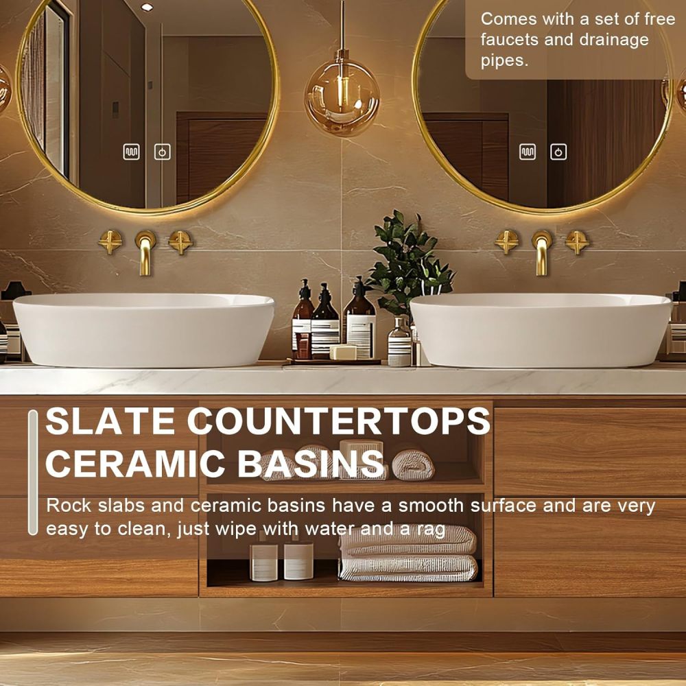 Bathroom Vanity - Floating Bathroom Vanity with Double Sinks Includes Above Counter Sink & Patterned Countertop|Modern Log Style,Open Storage Rack,LED Smart Mirror(78IN)