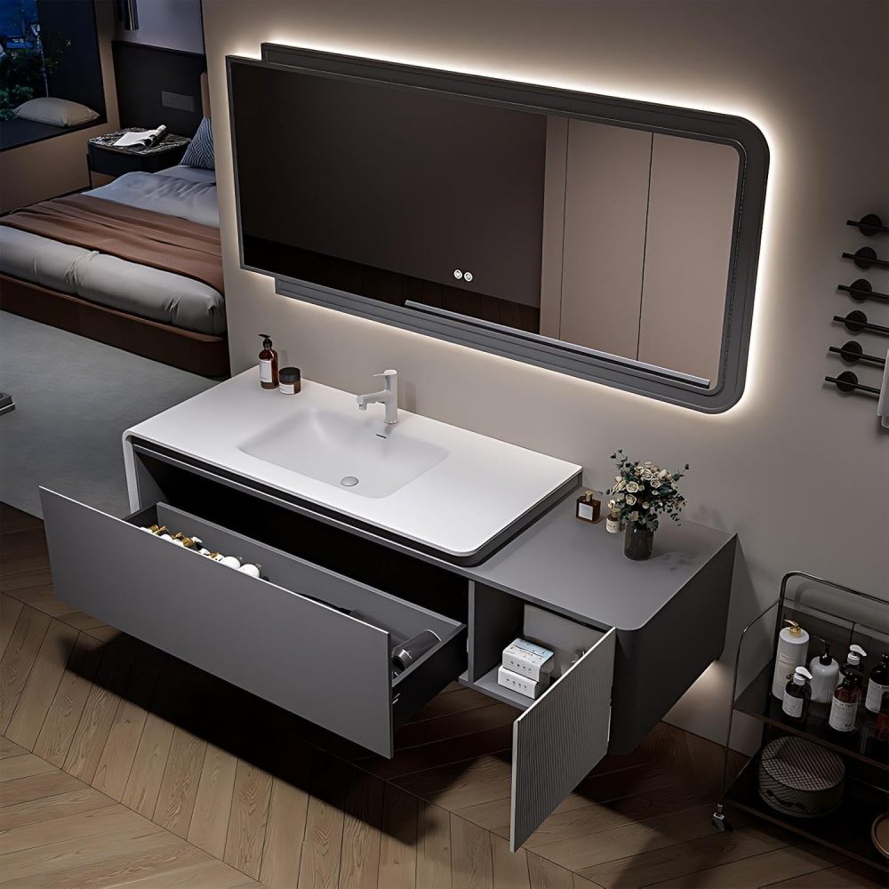 Modern Bathroom Vanity - with Sink and Anti-Fog Mirror | Light Gray Cabinet | Solid Wood Bathroom Vanity Cabinet | White Corian Integrated Basin | Large Storage | Soft Close Drawer(Gray,52 in)