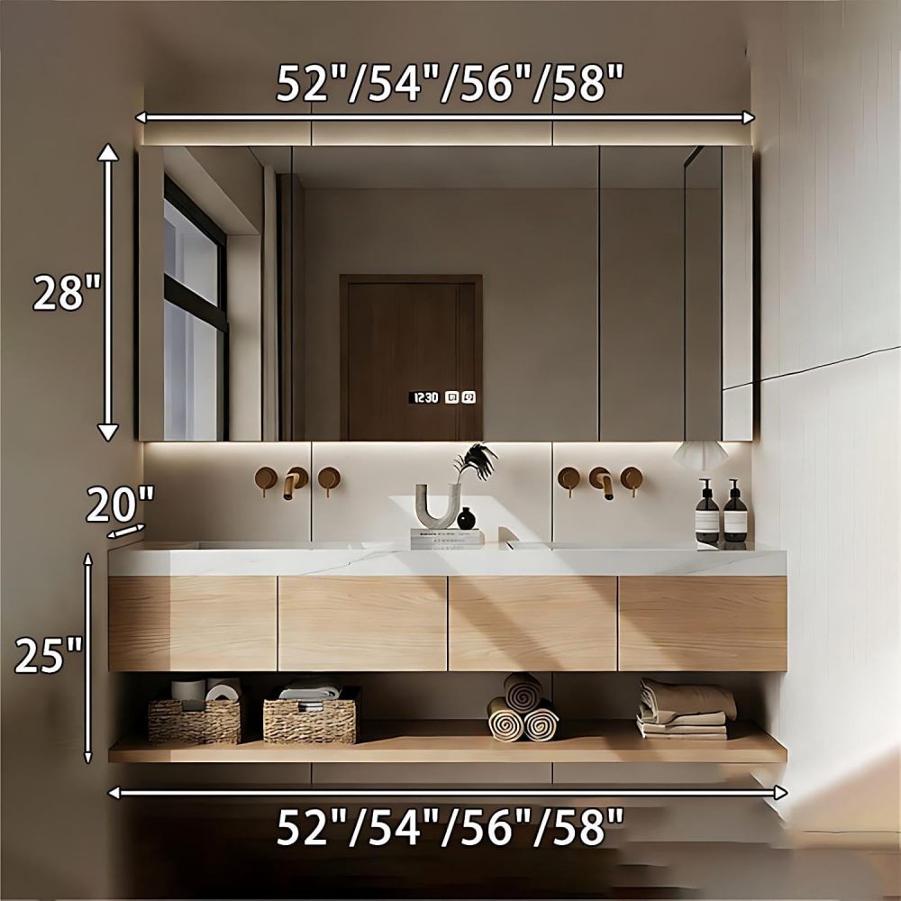 56IN Double Sink Bathroom Vanity - Modern Bathroom Vanity with Smart Defog Mirror Cabinet, One-Touch Defog, Sink Cabinet with Multiple Storage Areas, Multi-Layer Solid Wood, Mirror Cabinet