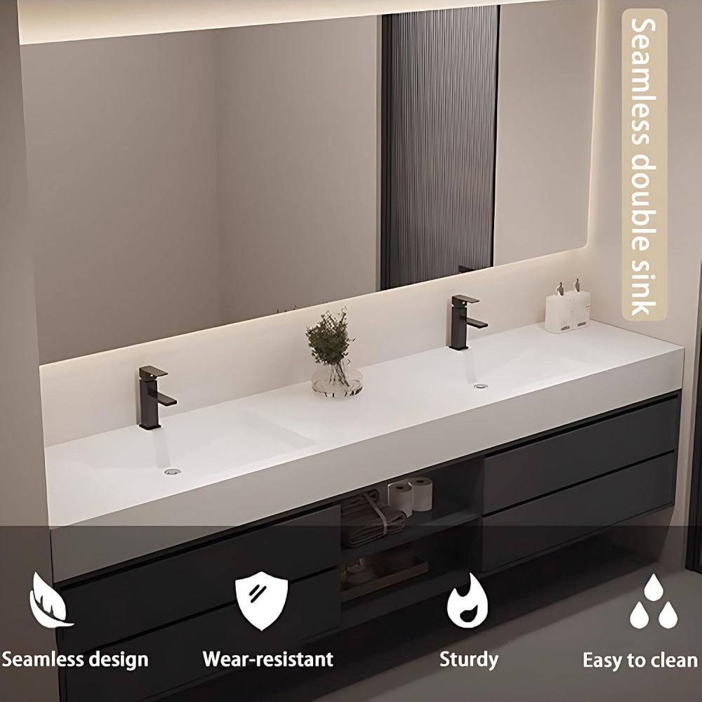 Bathroom Vanity - Double Sink Bathroom Vanity with Smart LED Defog Mirror Cabinet, One-Touch Defog & LED Lighting, Wall Mounted Cabinet with Multiple Storage Spaces (Wood, 96IN)