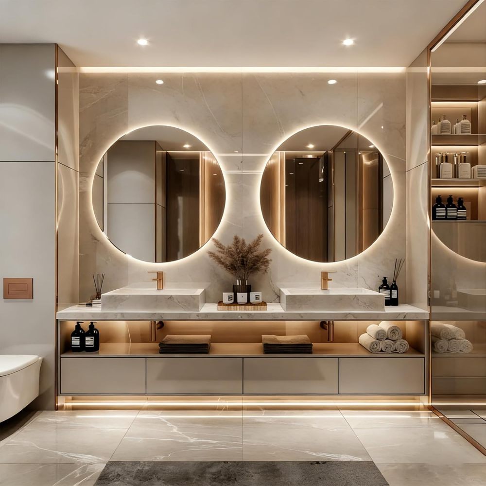 Khaki 64IN Double Bathroom Vanity with Sink - Luxury Floating Bathroom Vanity Set | Equipped with LED Smart Defogging Mirror | Marble Countertop | Multi-Layer Solid Wood