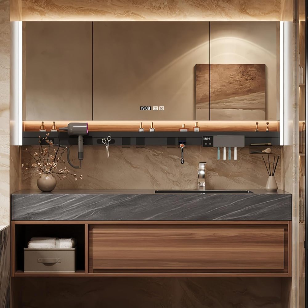 88" Bathroom Vanity with Sink - Floating Bathroom Vanities with Anti-Fog Mirror,Metal Partition Functional Storage Rack, Sink and Cabinet Combo Set,Wood Color