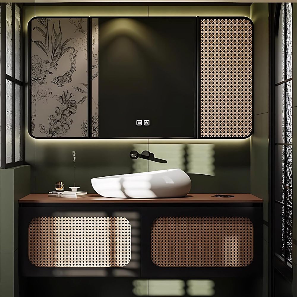 50IN Bathroom Vanity - Modern Bathroom Vanity with Anti-Fog Mirror Cabinet, One-Touch Defog & Lighting, Solid Wood Sink Cabinet with 2 Drawers, No Assembly Required, Black