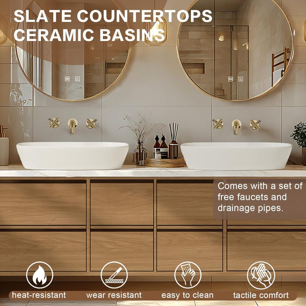 Bathroom Vanity - Floating Bathroom Vanity with Double Sinks Includes Round Mirror & Solid Wood Cabinet|American Country Style,LED Smart Defog Mirror(72IN)