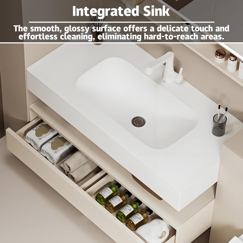 86IN Smart Bathroom Vanity with Sink - Wall-Mounted Bathroom Vanity Set | Equipped with LED Defogging Mirror Cabinet | Seamless Stone Countertop | Modern Design | Multi-Layer Solid Wood