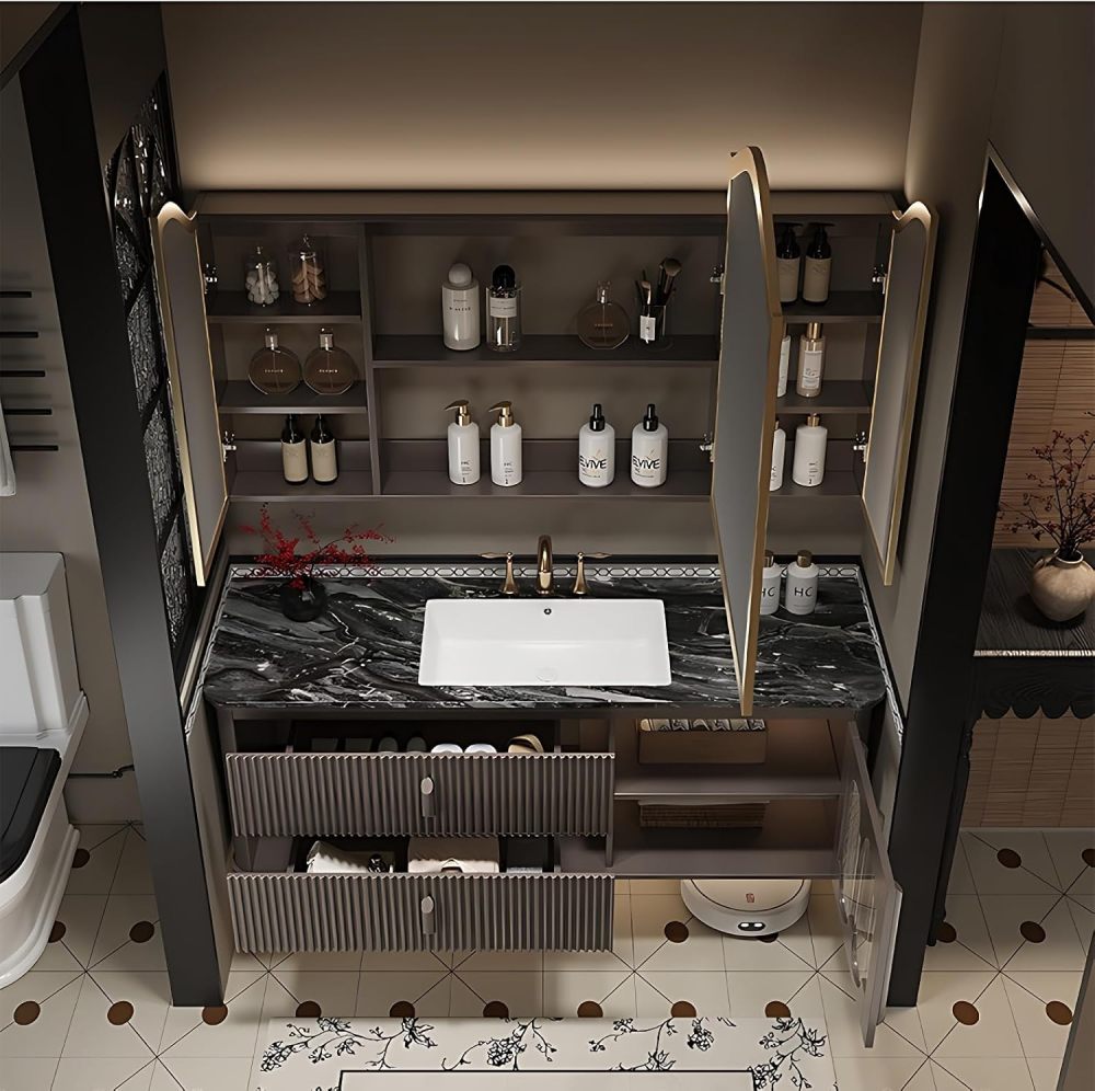 Black 96 in Classic Bathroom Vanity with Sink - Floating Bathroom Vanity Set - Includes LED Smart Defogging Mirror Cabinet & Faucet - Solid Oak Material - Wall Mount