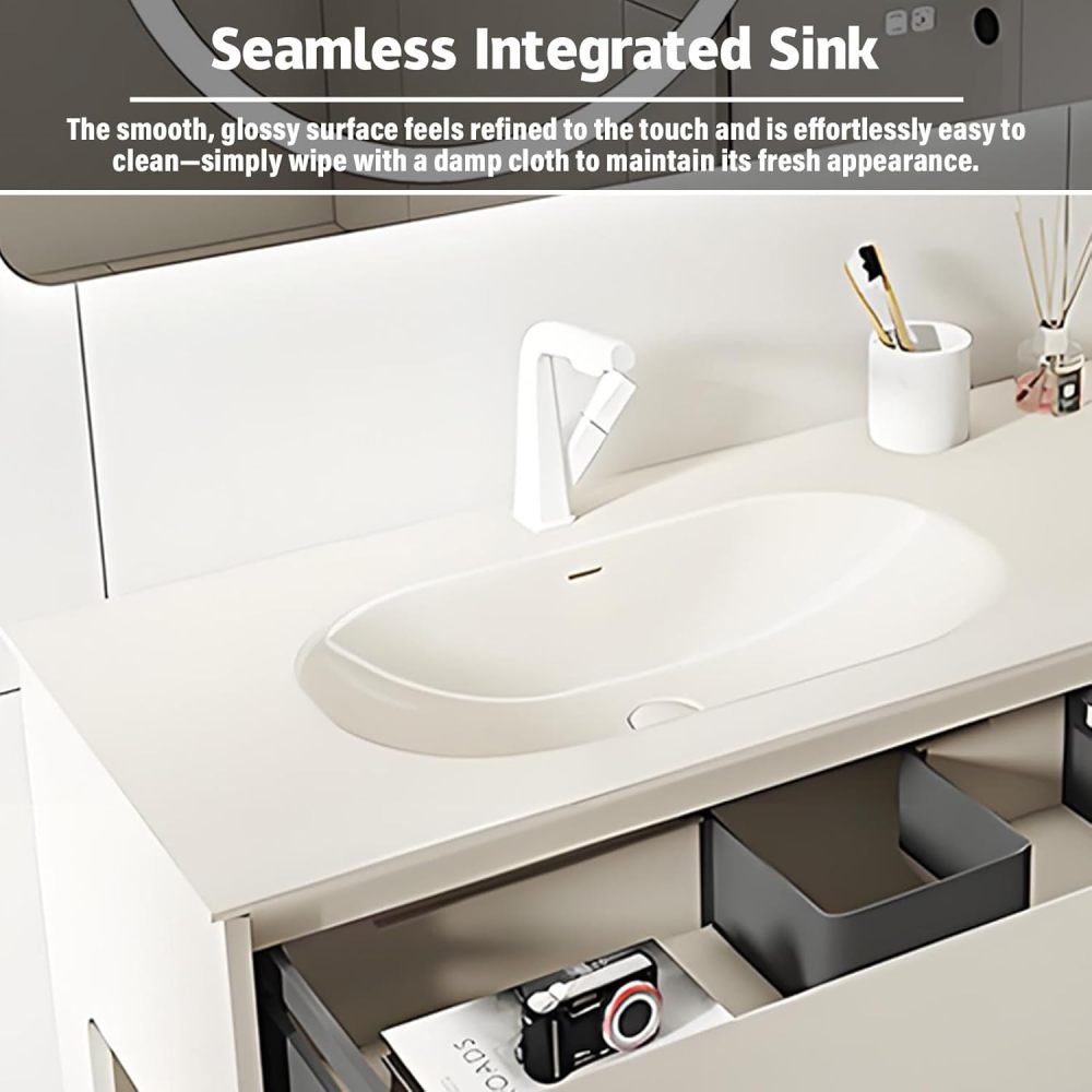 62IN Solid Wood Bathroom Vanity with Sink - Floating Bathroom Vanity Cabinet | Curved and Stylish Design | Equipped with LED Smart Defogging Mirror | Integrated Countertop | Oak