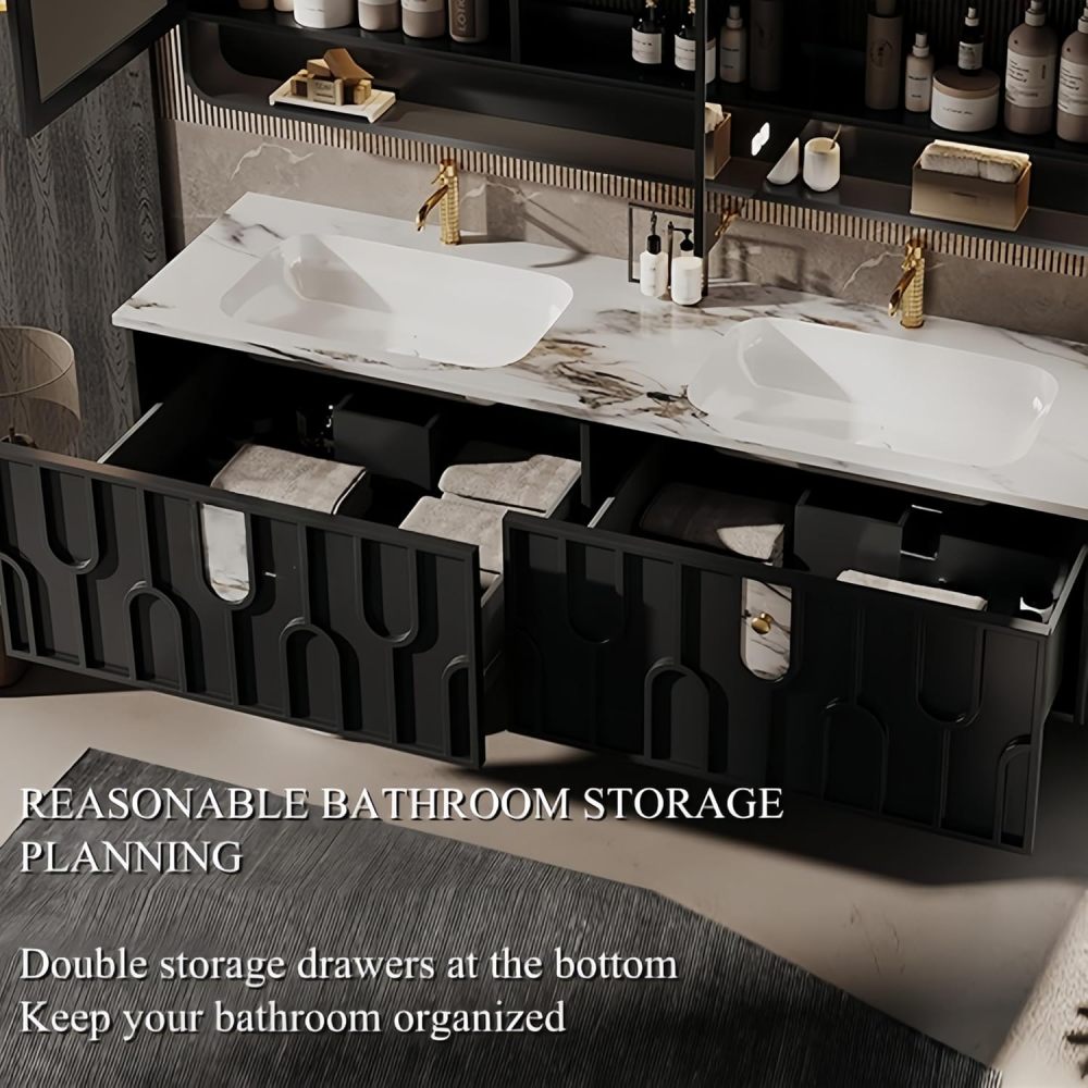 76 in Double Bathroom Vanity with Sink - Floating Solid Wood Bathroom Vanity Cabinet with LED Anti-Fog Mirror, Modern Stylish Vanity for Luxury Bathrooms | Black