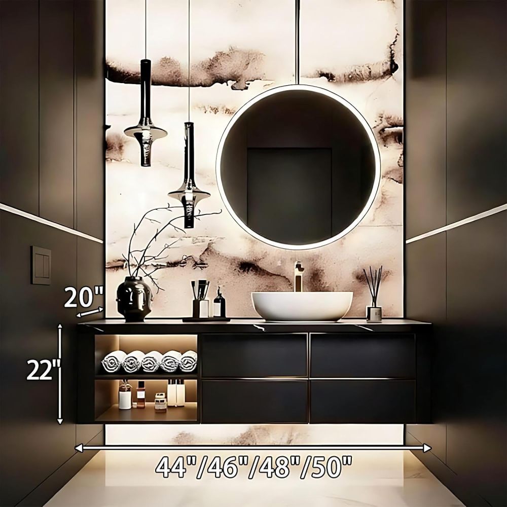 48IN Bathroom Vanity with Sink - Floating Bathroom Vanity with Smart Defog Mirror, One-Touch Defog, Modern Sink Cabinet with Multiple Storage Areas, No Assembly Required, Black Mirror