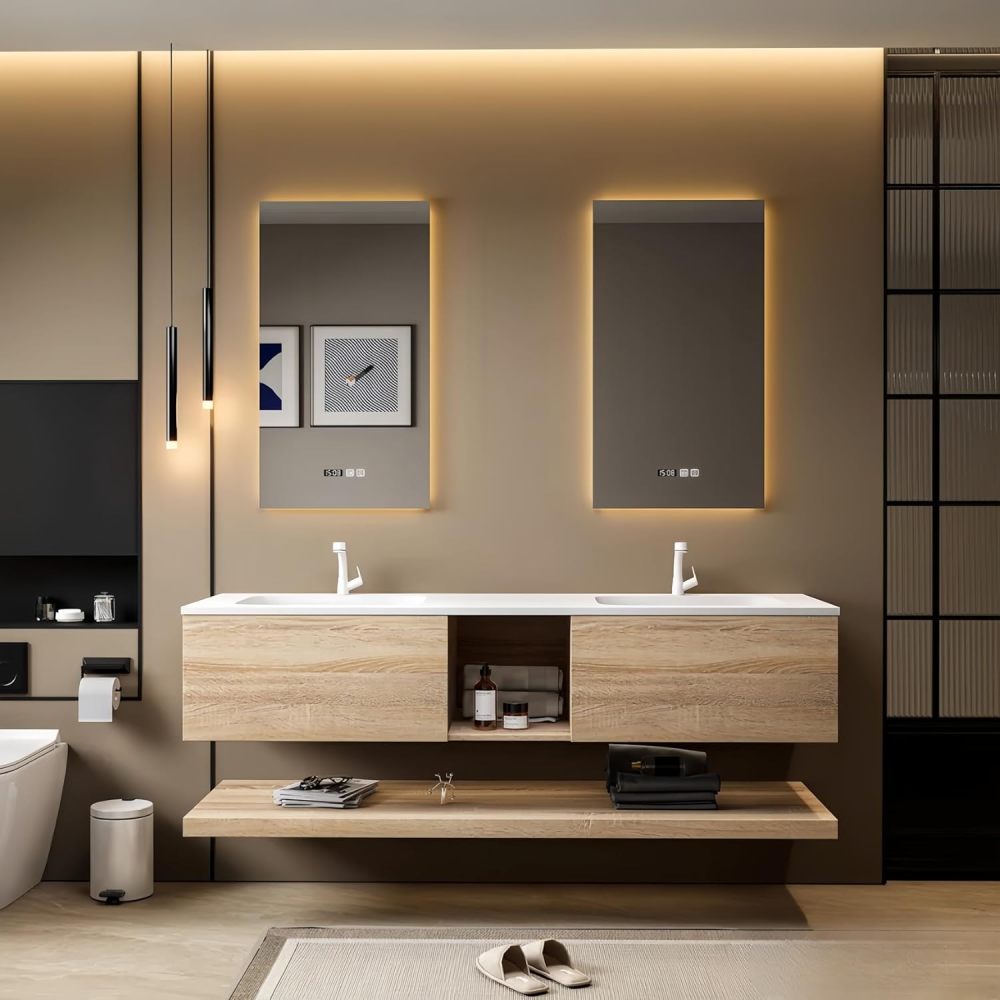 60 in Floating Modern Bathroom Vanity with Sink - Dual Stone Basins | LED Fog-Free Mirror | Solid Wood Bathroom Vanity Cabinet with Soft-Close Drawers