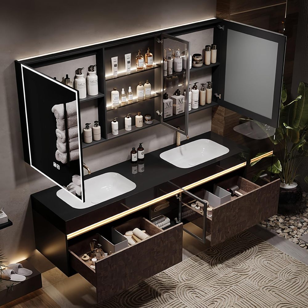 60 in Double Bathroom Vanity with Sinks - Floating Bathroom Vanity Set | Includes LED Smart Defogging Mirror Cabinet & Faucet | Multi-Layer Solid Wood Material | Smart Sensor Light | Brown