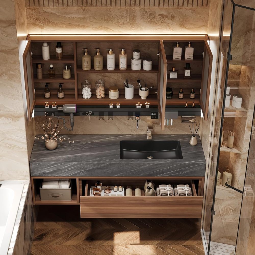 88" Bathroom Vanity with Sink - Floating Bathroom Vanities with Anti-Fog Mirror,Metal Partition Functional Storage Rack, Sink and Cabinet Combo Set,Wood Color