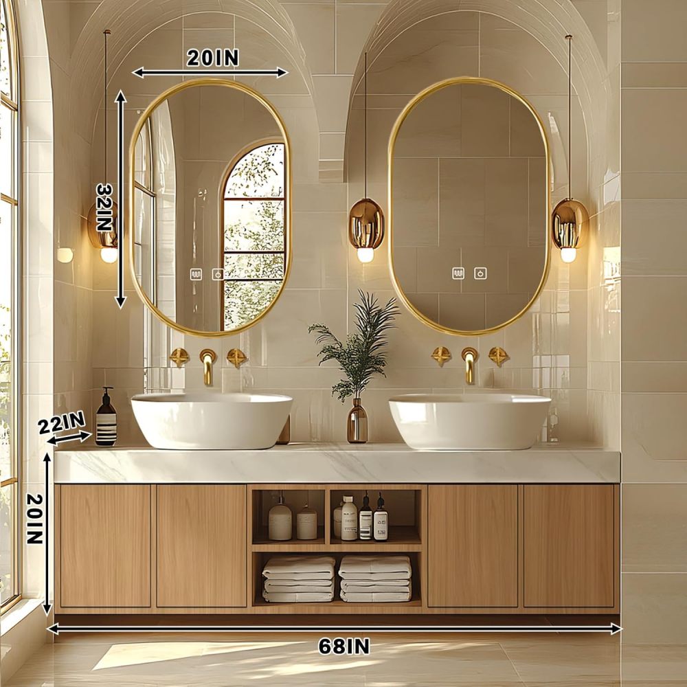 Bathroom Vanity - Modern Bathroom Vanity with Double Sinks Includes Solid Wood Cabinet & Round Mirror|Retro Log Style,Open Storage Rack,Hidden Handle(68IN)