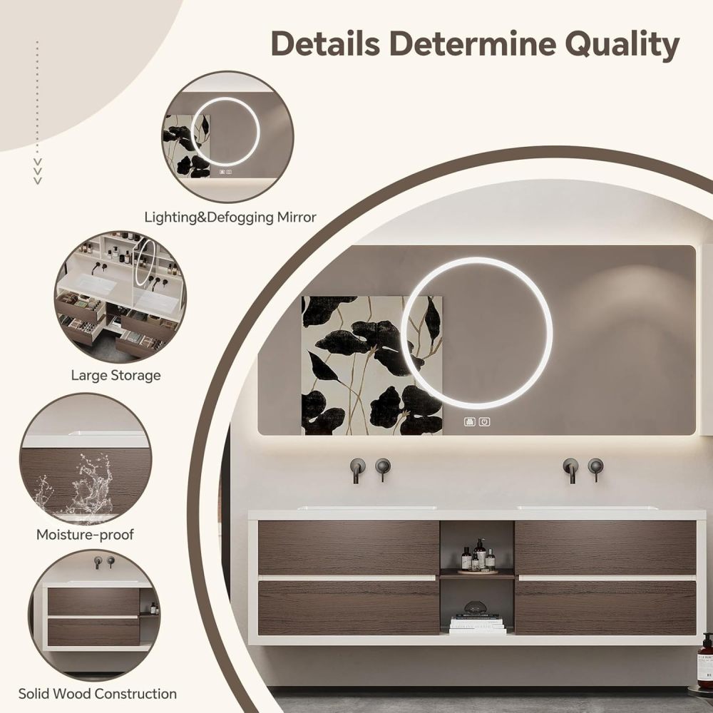 52IN Double Sink Bathroom Vanity - Wall-Mounted Bathroom Vanity Set | Luxurious Large Spaces | Equipped with LED Smart Defogging Mirror | Marble Countertop | Multi-Layer Solid Wood