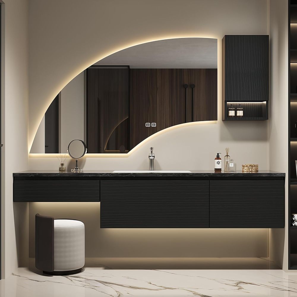 80 in Luxury Bathroom Vanity Set - Floating Bathroom Vanity Cabinet with Sink & LED Smart Defogging Mirror | Increase Makeup Area | Multi-Layer Solid Wood Material | Gray-Left
