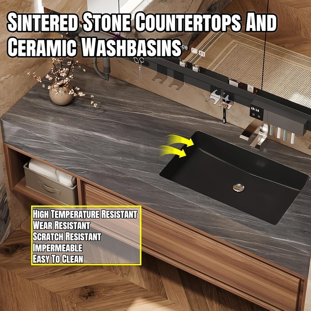 88" Bathroom Vanity with Sink - Floating Bathroom Vanities with Anti-Fog Mirror,Metal Partition Functional Storage Rack, Sink and Cabinet Combo Set,Wood Color