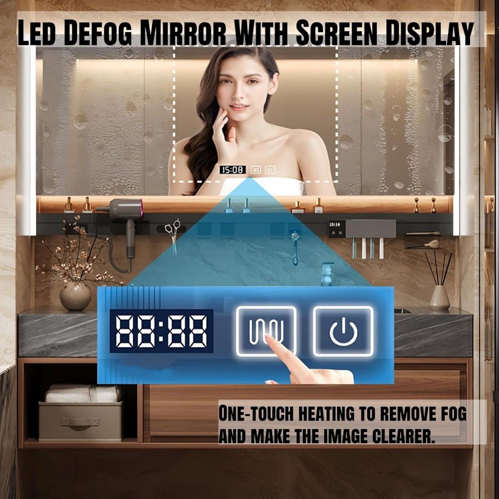 88" Bathroom Vanity with Sink - Floating Bathroom Vanities with Anti-Fog Mirror,Metal Partition Functional Storage Rack, Sink and Cabinet Combo Set,Wood Color