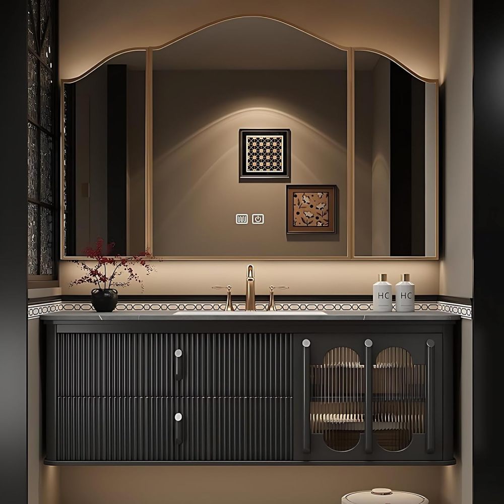Black 96 in Classic Bathroom Vanity with Sink - Floating Bathroom Vanity Set - Includes LED Smart Defogging Mirror Cabinet & Faucet - Solid Oak Material - Wall Mount