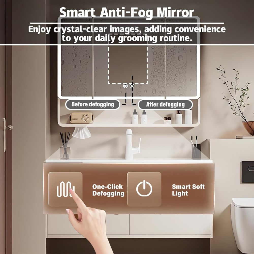 86IN Smart Bathroom Vanity with Sink - Wall-Mounted Bathroom Vanity Set | Equipped with LED Defogging Mirror Cabinet | Seamless Stone Countertop | Modern Design | Multi-Layer Solid Wood