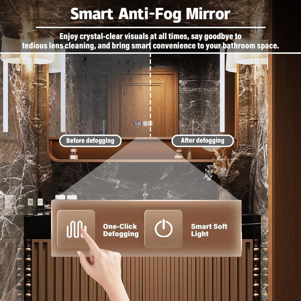 44IN Bathroom Vanity with Sink - Luxurious Floating Bathroom Vanity | Equipped with LED Smart Defogging Mirror Cabinet | Marble Countertop | Oak Carving | Luxurious and Stylish