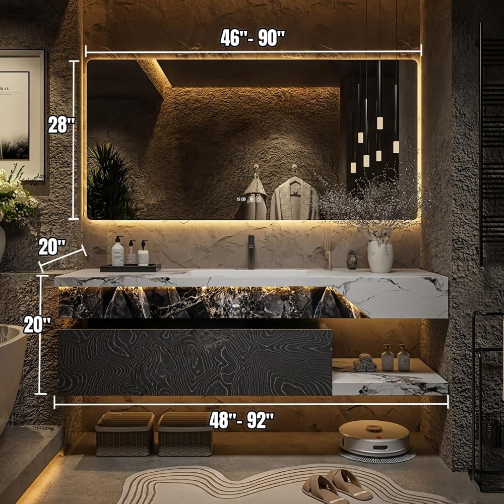 92" Bathroom Vanity with Sink - Modern Floating Bathroom Sink Cabinet with Anti-Fog Mirror, Motion Sensor Lights, Waterproof Storage, and Complete Combo Set,Black