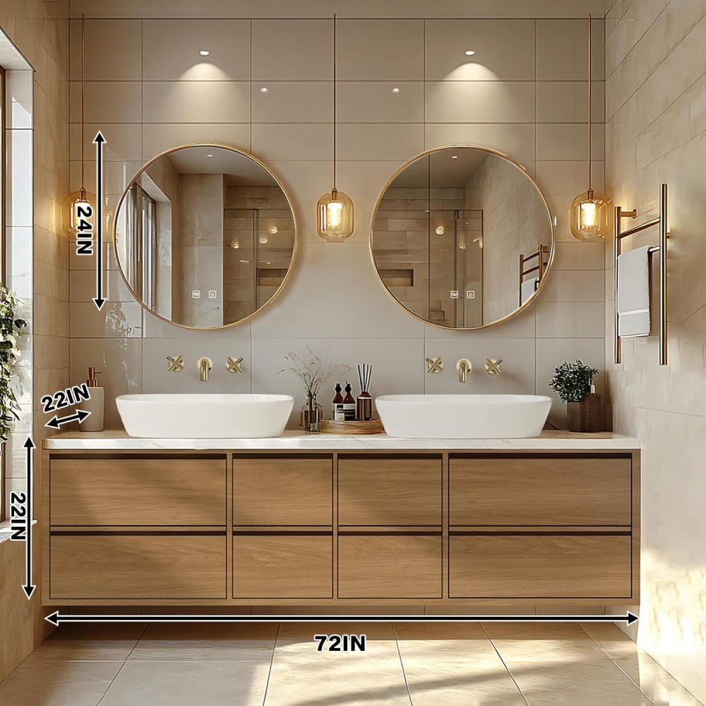 Bathroom Vanity - Floating Bathroom Vanity with Double Sinks Includes Round Mirror & Solid Wood Cabinet|American Country Style,LED Smart Defog Mirror(72IN)