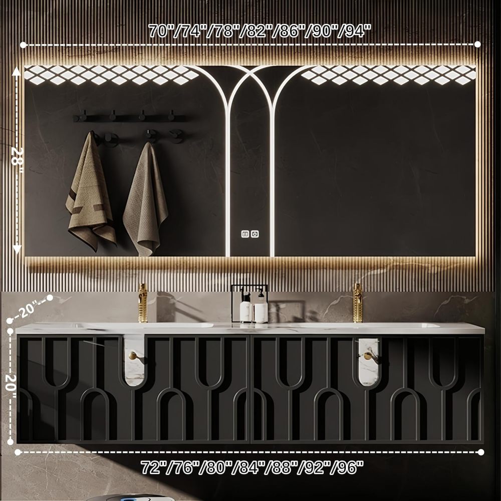 76 in Double Bathroom Vanity with Sink - Floating Solid Wood Bathroom Vanity Cabinet with LED Anti-Fog Mirror, Modern Stylish Vanity for Luxury Bathrooms | Black