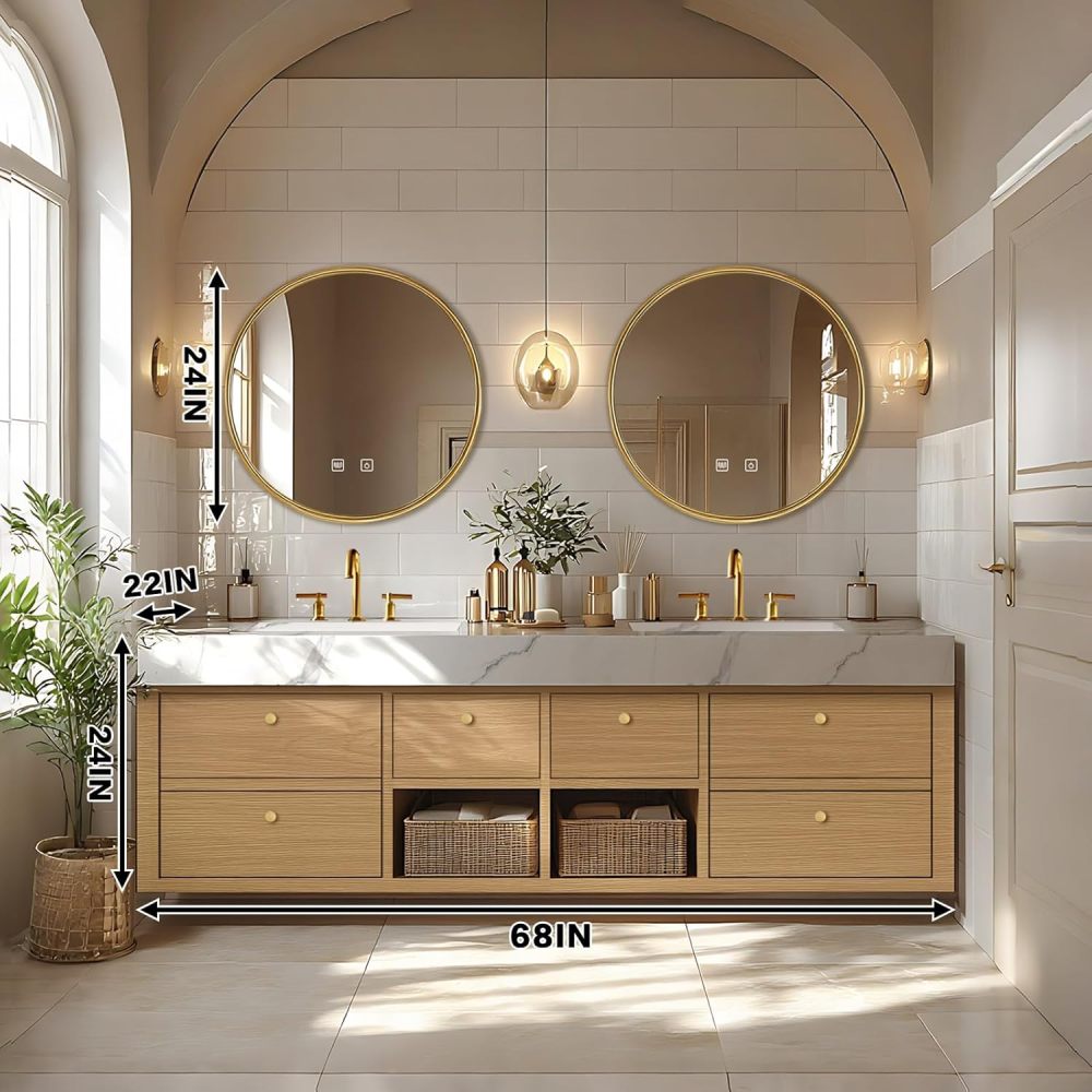 Bathroom Vanity - Floating Bathroom Vanity with Double Sinks Includes American Country Style & Round Mirror|Open Storage Rack,Exquisite Handle,LED Smart Mirror (68")
