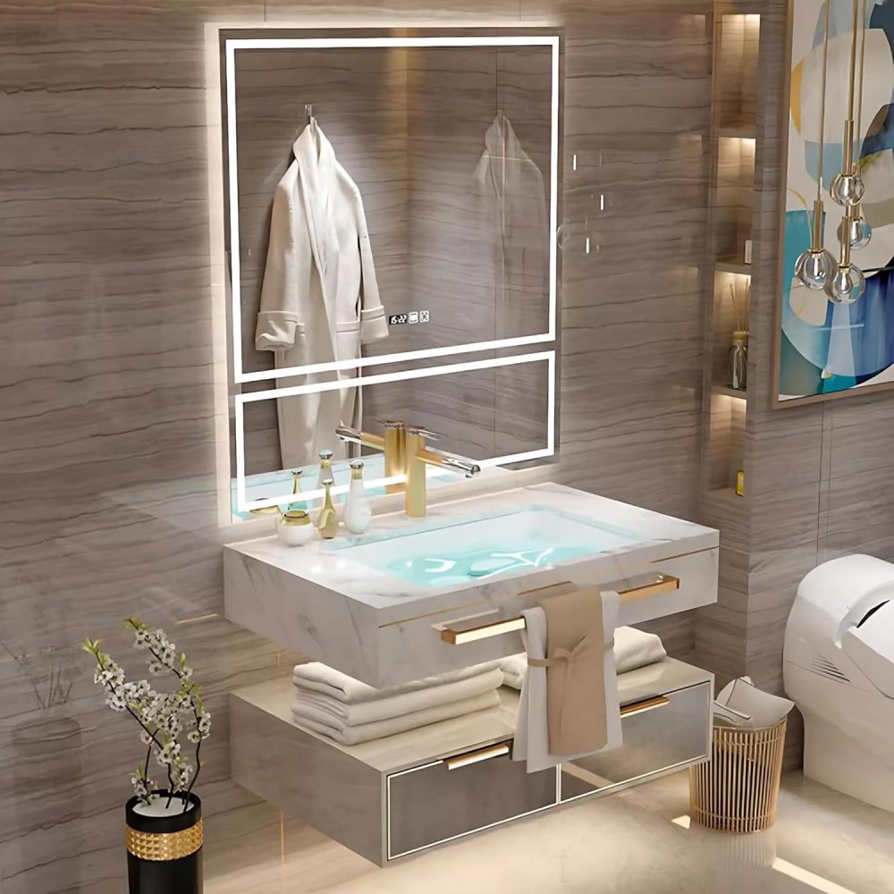 Bathroom Vanity with Sink - Modern Single/Double Sink Floating Bathroom Vanity Cabinet with LED Defog Mirror Set, Faucet Accessories Included (Single Sink,32")