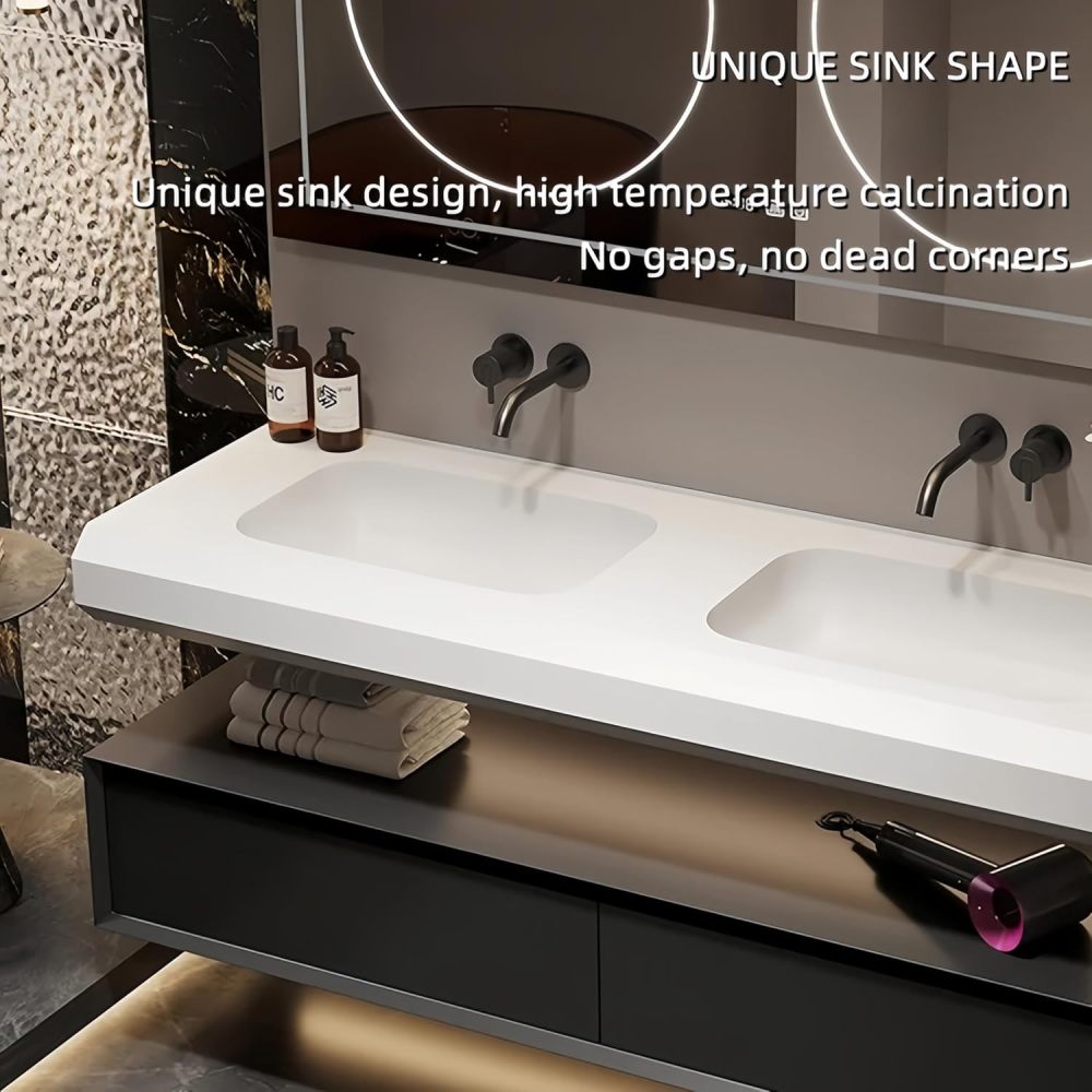 60 in Bathroom Vanity with Double Sink - Modern Floating Solid Wood Bathroom Vanity Cabinet | Intelligent defog Function | Stylish Wall Mounted | Multiple Smart Mirror